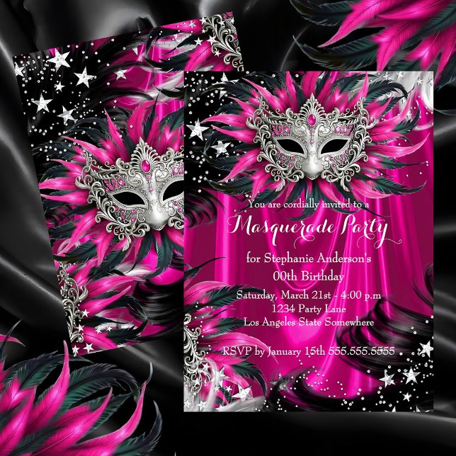 Invitation Pink Silver Sparkle Magical Night Masquerade Party (Créateur téléchargé)