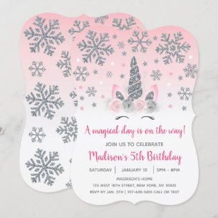 Invitation Pink & Silver Winter Unicorn Magique Anniversaire
