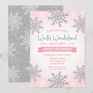 Invitation Pink Silver Winter Wonderland Girl Anniversaire