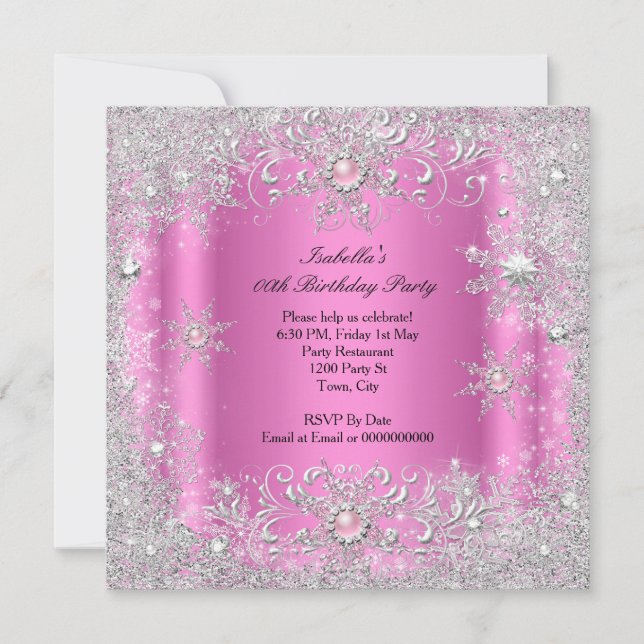 Invitation Pink Silver Winter Wonderland Snowflakes Party (Devant)