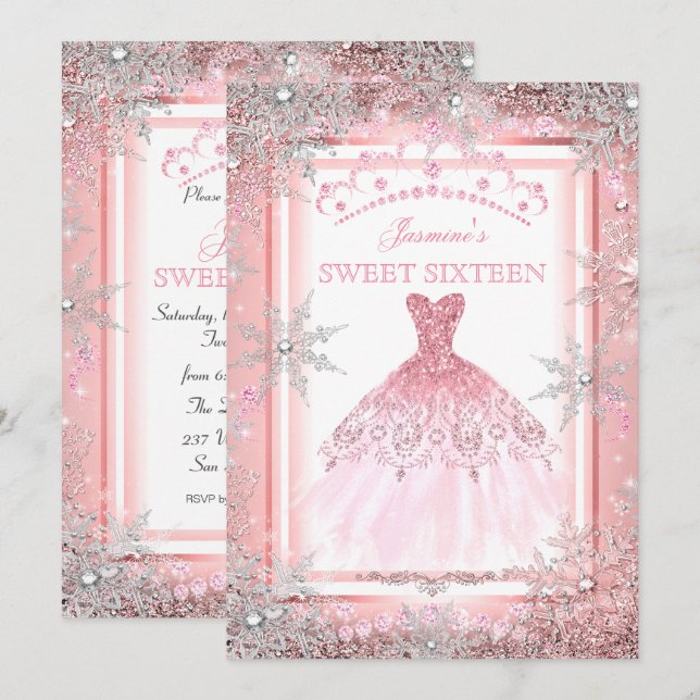 Invitation Pink Silver Winter Wonderland Sweet 16 Anniversair (Devant / Derrière)