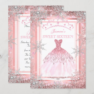 Invitation Pink Silver Winter Wonderland Sweet 16 Anniversair