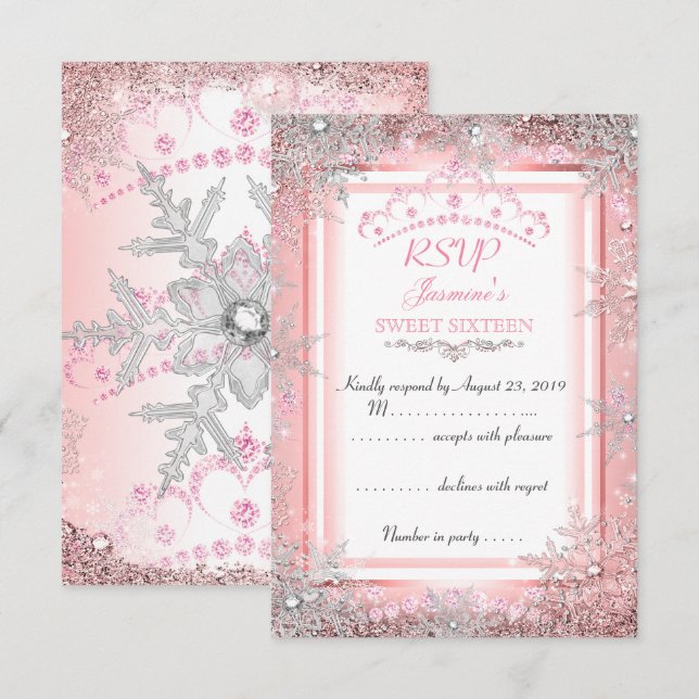 Invitation Pink Silver Winter Wonderland Sweet 16 Parti RSVP (Devant / Derrière)