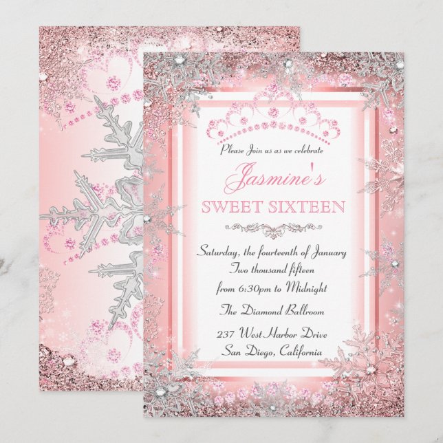 Invitation Pink Silver Winter Wonderland Sweet 16 Party (Devant / Derrière)
