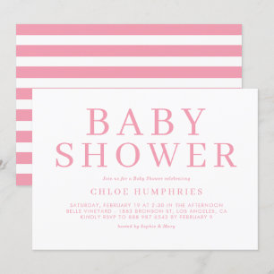 Invitation Pink Simple Typographie Stripes Girl Baby shower