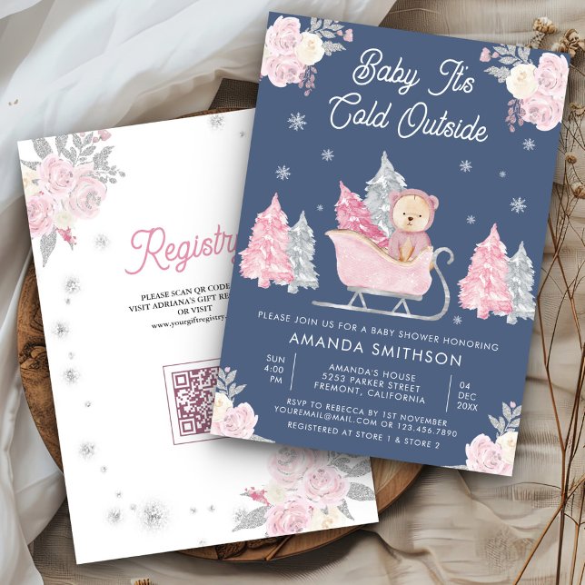 Invitation Pink Sleigh Cute Teddy Bear Dusty Baby shower bleu (Créateur téléchargé)