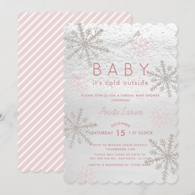 Invitation Pink Snowflake Baby Son Baby shower virtuel froid (Devant / Derrière)