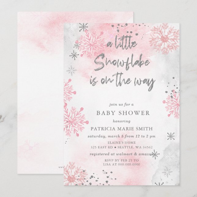 Invitation Pink Snowflake est sur le chemin Baby shower d'hiv (Devant / Derrière)