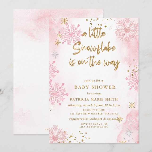 Invitation Pink Snowflake est sur le chemin Baby shower d'hiv (Devant / Derrière)