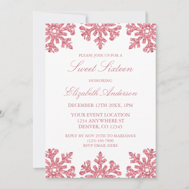 Invitation Pink Snowflake hiver Sweet 16 (Devant)