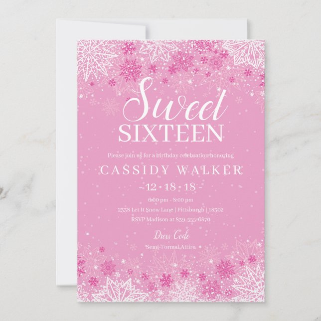 Invitation Pink Snowflake hiver Wonderland Sweet sixteen (Devant)