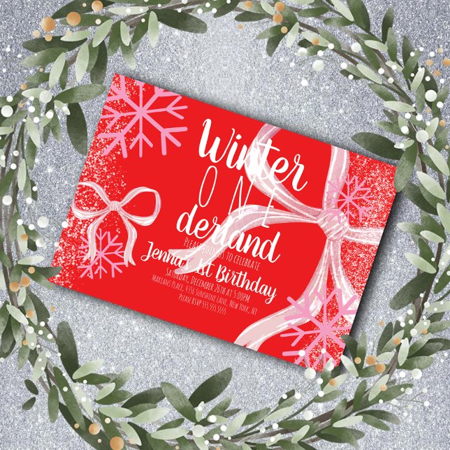 Invitation Pink Snowflake Snowy Script First Birthday Bow (Créateur téléchargé)