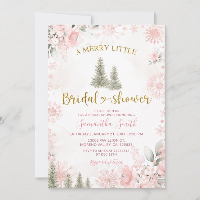 Invitation Pink Snowflake Winter A Merry Little Bridal Shower (Devant)