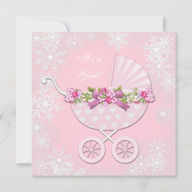 Invitation Pink Snowflake Winter Wonderland Baby shower (Devant)