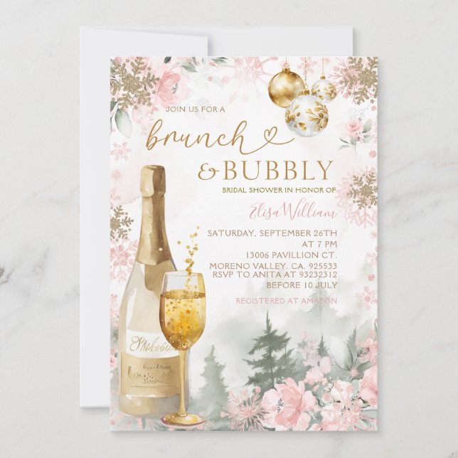 Invitation Pink Snowflakes Brunch and Bubbly Champagne  (Devant)