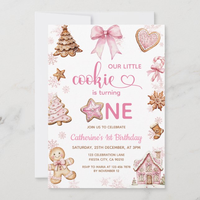 Invitation Pink Snowflakes Gingerbread Christmas 1st Birthday (Devant)
