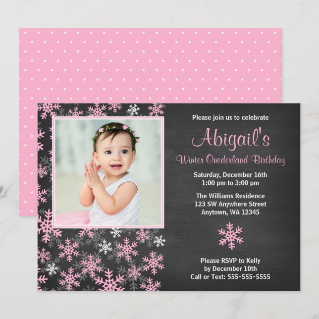 Invitation Pink Snowflakes Winter Onederland Chalkboard Photo (Devant / Derrière)