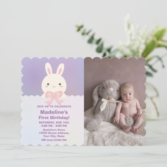 Invitation Pink some Bunny est la première photo d'anniversai (Debout devant)