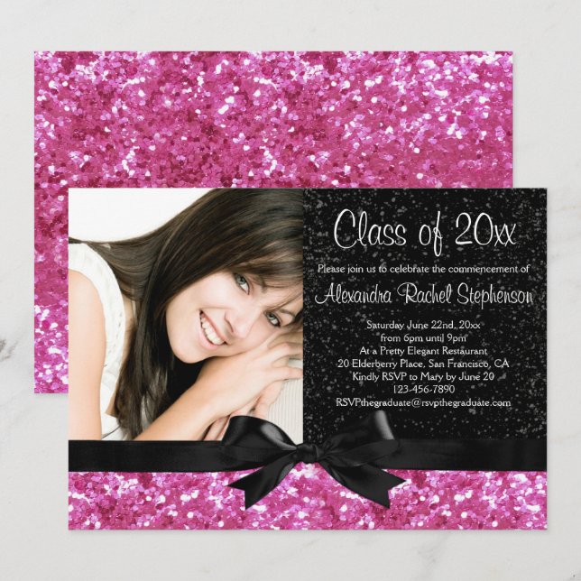 Invitation Pink Sparkle-look Bow Photo Graduation (Devant / Derrière)