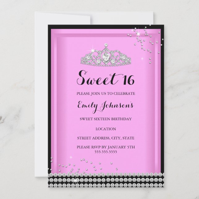 Invitation Pink Sparkle Tiara Sweet 16 Anniversaire Invitatio (Devant)
