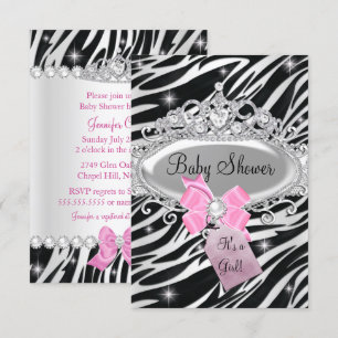 Invitation Pink Sparkle Zebra Princess Tiara Baby shower
