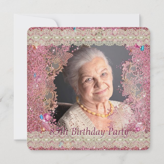 Invitation Pink Sparkles Femme Photo 85e anniversaire fête (Devant)
