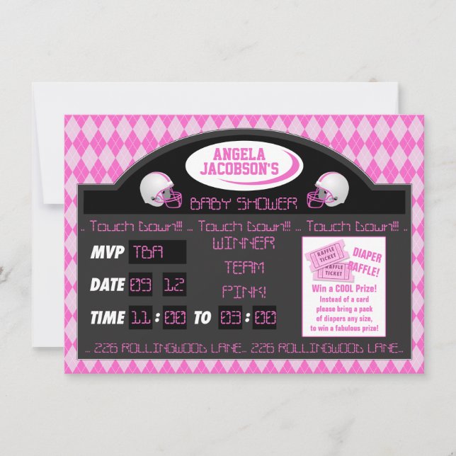 Invitation Pink Sports Football Scoreboard Baby Girl Douche (Devant)
