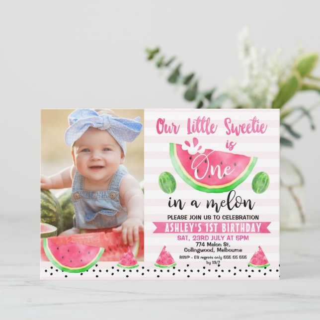 Invitation Pink Strike One In A Melon Photo 1er Anniversaire (Debout devant)
