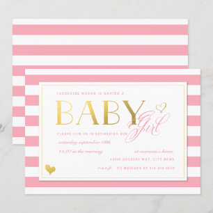 Invitation Pink Stripe Faux Gold Baby Girls Douche