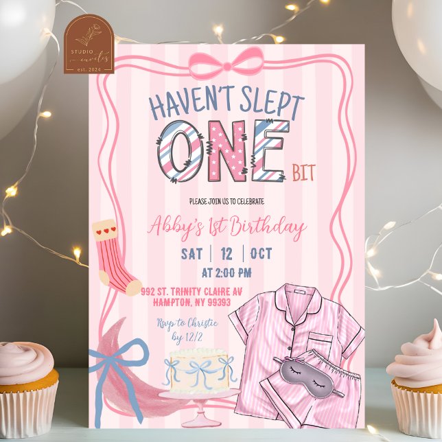 Invitation  Pink Stripe Haven't slept one bit 1st birthday (Créateur téléchargé)