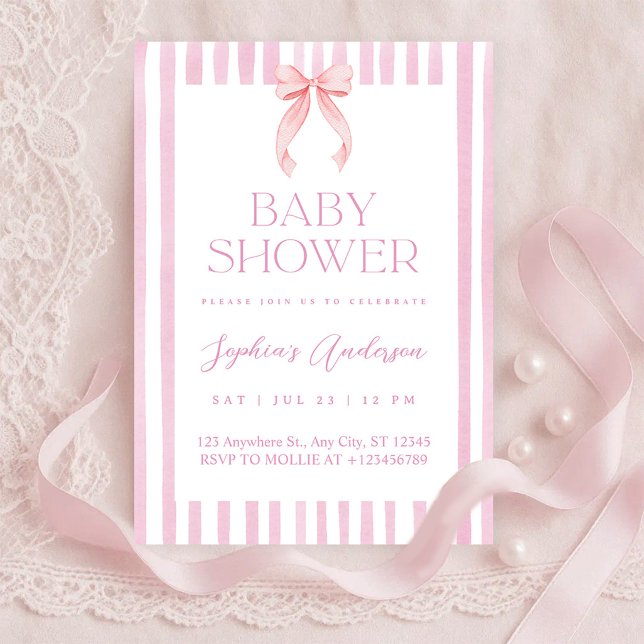 Invitation Pink Striped Bow Baby Shower (Créateur téléchargé)
