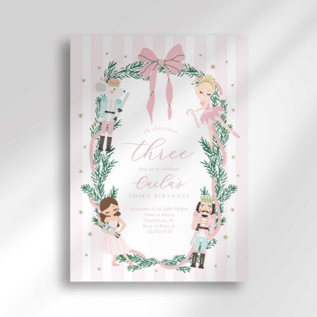 Invitation Pink Striped Bow Nutcracker Ballet Third Birthday (Créateur téléchargé)