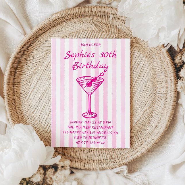 Invitation Pink Striped Martini 30th Birthday – Chic Adult  (Créateur téléchargé)