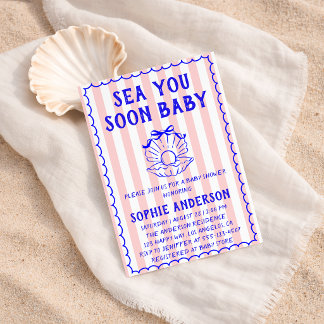 Invitation Pink Striped Sea You Soon Baby Baby Shower
