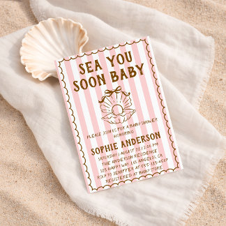 Invitation Pink Striped Sea You Soon Baby Baby Shower