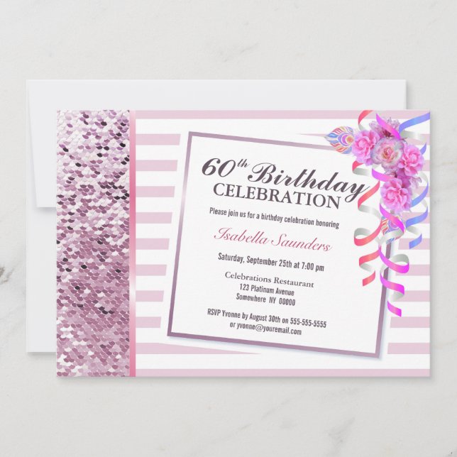 Invitation Pink Stripes and Sequins 60e fête d'anniversaire (Devant)