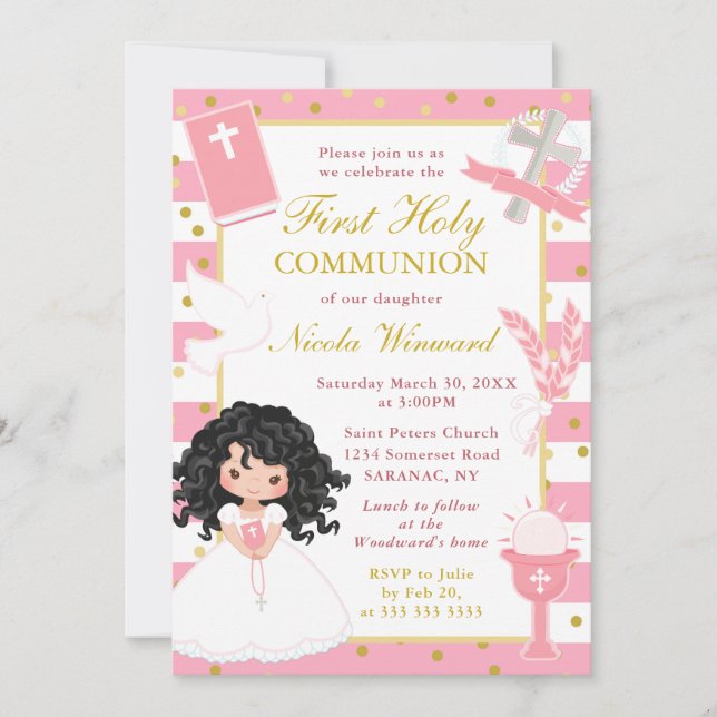 Invitation Pink Stripes Black Hair Girl First Holy Communion (Devant)