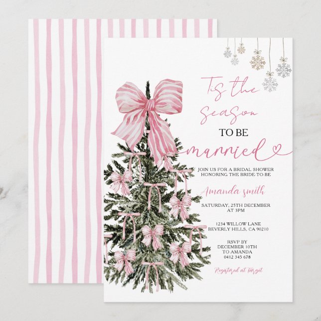 Invitation Pink Stripes Bow Christmas Tree Couple Wedding (Devant / Derrière)