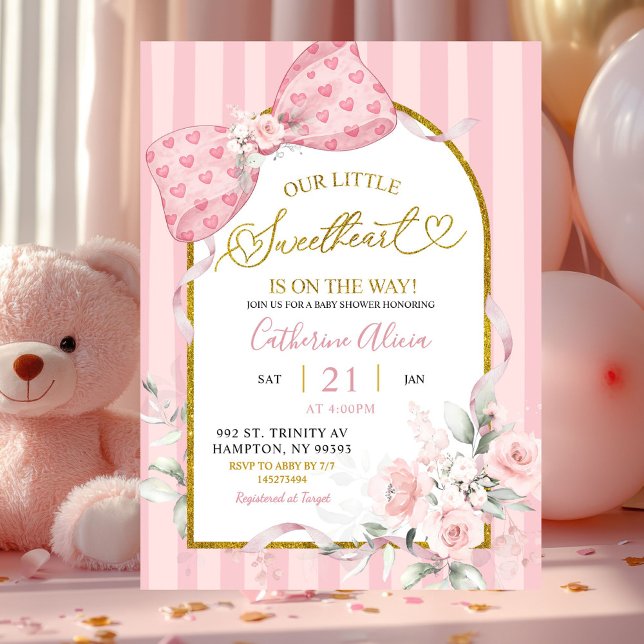 Invitation Pink Stripes Bow Coquette Sweetheart Baby Shower (Créateur téléchargé)