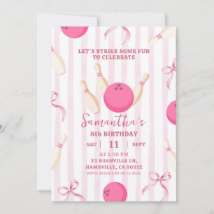 Invitation Pink Stripes Bow Girl Bowling temps Anniversaire