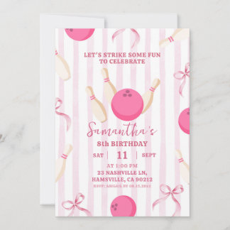 Invitation Pink Stripes Bow Girl Bowling temps Anniversaire