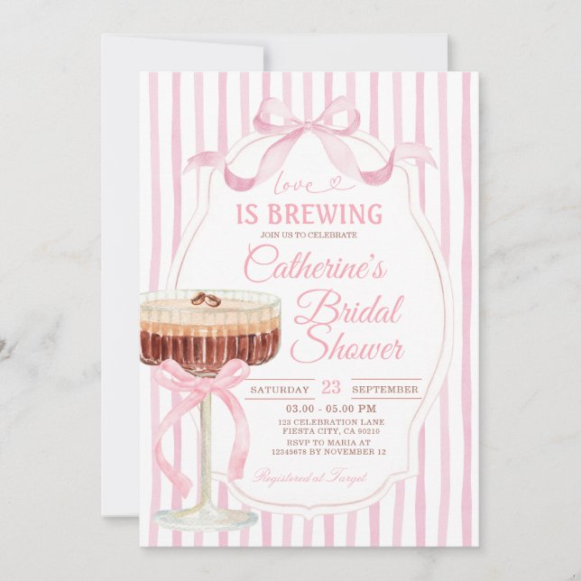 Invitation Pink Stripes Bow Love Is Brewing Bridal Shower  (Devant)