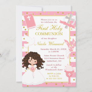 Invitation Pink Stripes Brown Coiffeuse Première Sainte Commu