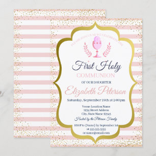 Invitation Pink Stripes Confetti Première Communion sainte