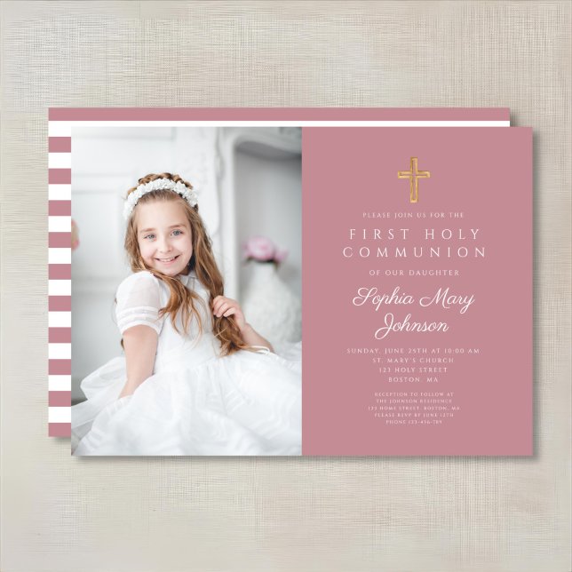 Invitation Pink Stripes Cross Girl First Communion Photo (Pink Stripes Cross Girl First Communion Photo Invitation)