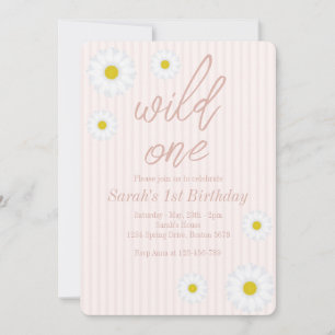 Invitation Pink Stripes, Daisy 1er Anniversaire Fête Wild One