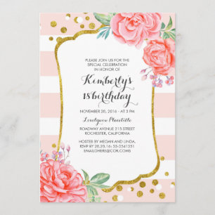 Invitation Pink Stripes Floral Gold Confetti fête d'anniversa