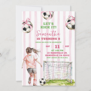 Invitation Pink Stripes Girl Soccer Let's Kick It Anniversair