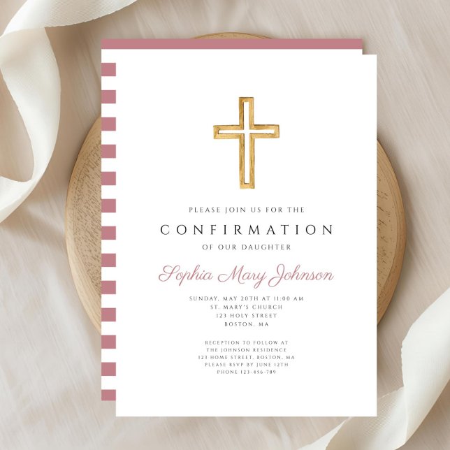 Invitation Pink Stripes Religious Cross Girl Confirmation (Pink Stripes Religious Cross Girl Confirmation Invitation)