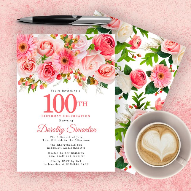 Invitation Pink Summer Floral Joli 100e anniversaire (Créateur téléchargé)